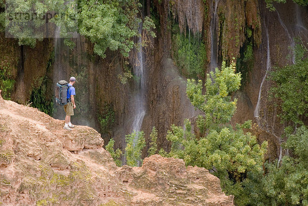Mann  wandern  Wasserfall  vorwärts  Gebirgskamm