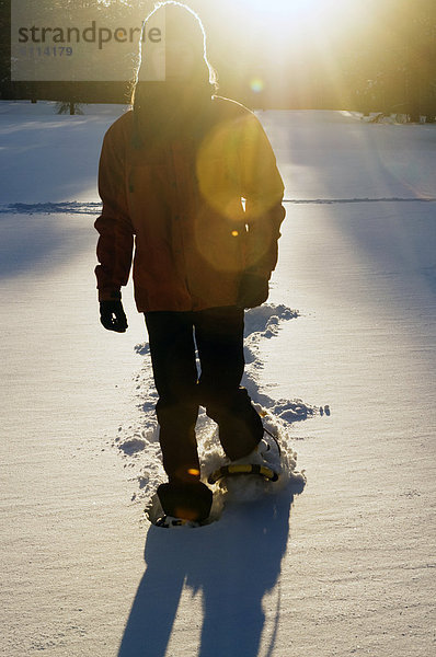 Frau  Frische  Sonnenuntergang  fallen  fallend  fällt  Arizona  jung  Schneeschuh  Fahnenmast  Schnee