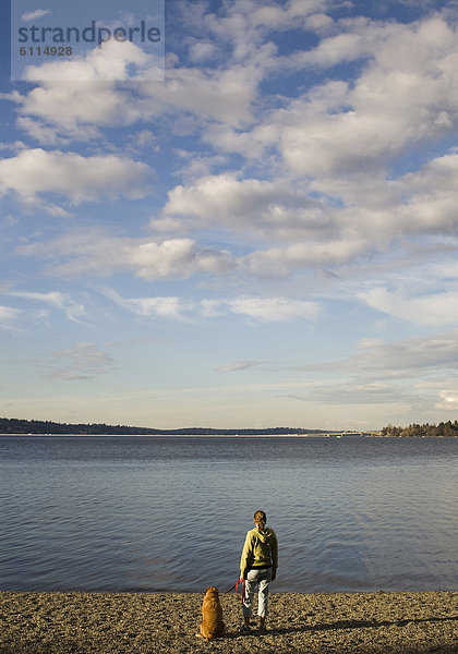 sitzend  Wasser  Frau  Vereinigte Staaten von Amerika  USA  Ecke  Ecken  Hund  Seattle