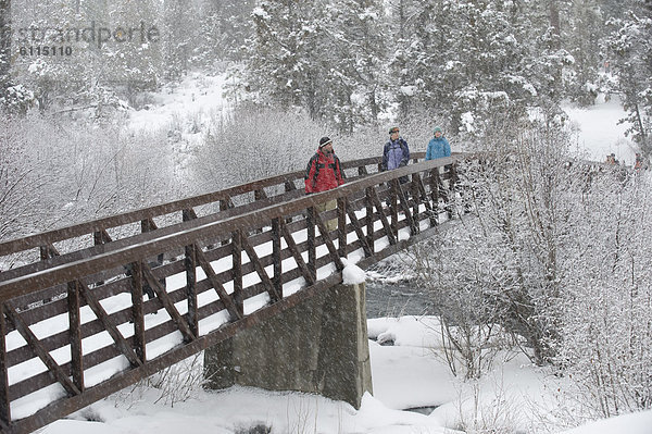 Biegung  Biegungen  Kurve  Kurven  gewölbt  Bogen  gebogen  gehen  Brücke  Fluss  frontal  Ansicht  3  Fußgänger  Oregon  Schnee