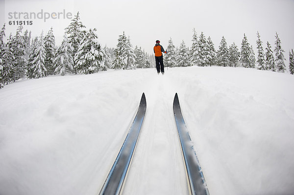 niedrig  Biegung  Biegungen  Kurve  Kurven  gewölbt  Bogen  gebogen  überqueren  Frau  Skisport  Ski  Ansicht  jung  Flachwinkelansicht  1  Norden    Winkel  Kreuz  Oregon  Schnee  Prozess