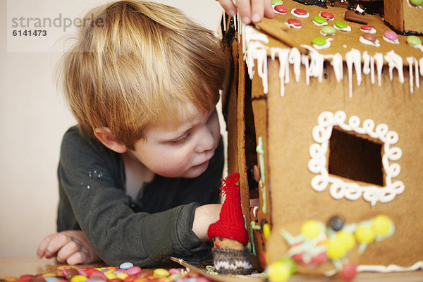 Junge dekoriert Lebkuchenhaus