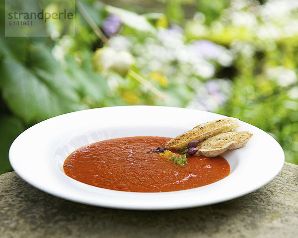 Schüssel mit Tomaten-Basilikum-Suppe