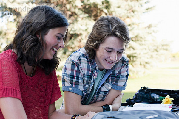 Teenager-Paar studiert am Picknicktisch im Park