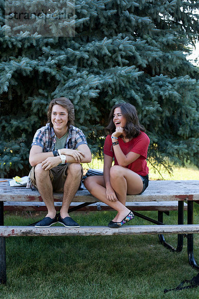 Teenager-Paar am Picknicktisch im Park sitzend