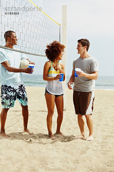 Freunde am Strand mit Volleyball und Netz