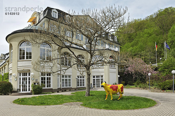 Bunte Gipskuh vor Parkhotel in Schlangenbad  Hessen  Deutschland  Europa