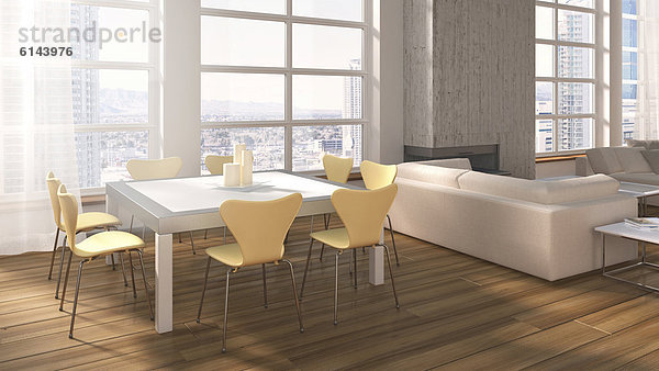 Wohnraum mit Sofas  Couchtisch  Kamin  Essbereich und Eichendielenboden  urbaner Ausblick  3D-Illustration