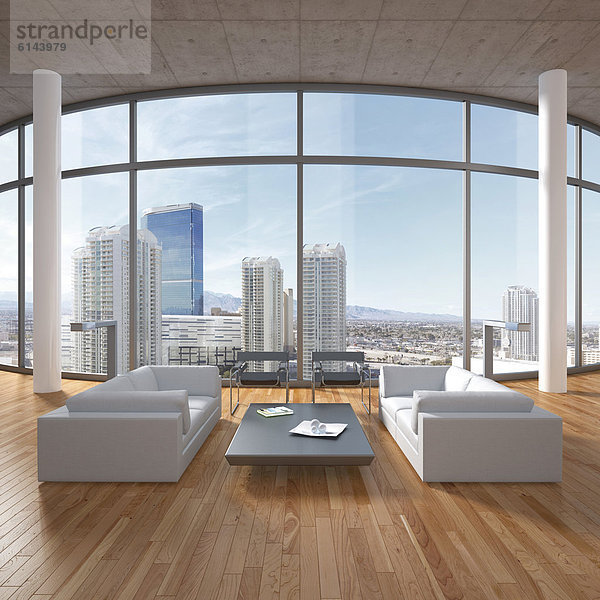 Loftartiger Wohnraum mit Sofas und Couchtisch  Säulen und Eichendielenboden  urbaner Ausblick  3D-Illustration