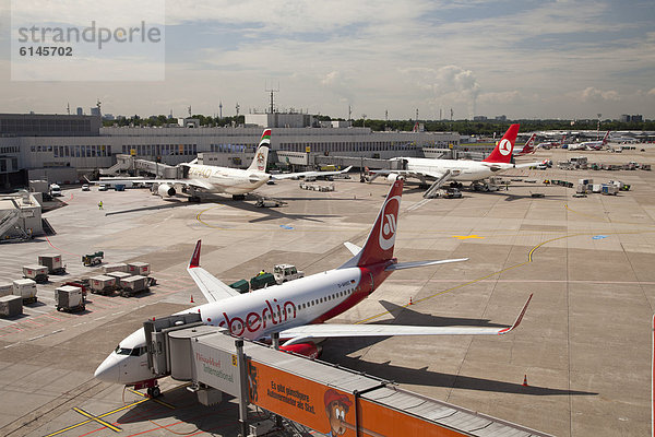 Flugzeuge bei der Abfertigung am Gate  Flughafen  Düsseldorf  Rheinland  Nordrhein-Westfalen  Deutschland  Europa