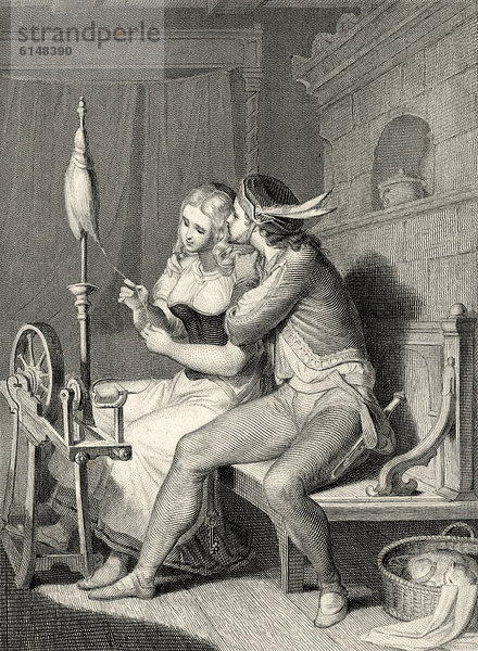 Historischer Stahlstich aus dem 19. Jahrhundert  Liebespaar mit Spinnrad  Szene der Ballade Die Spinnerin von Johann Wolfgang von Goethe