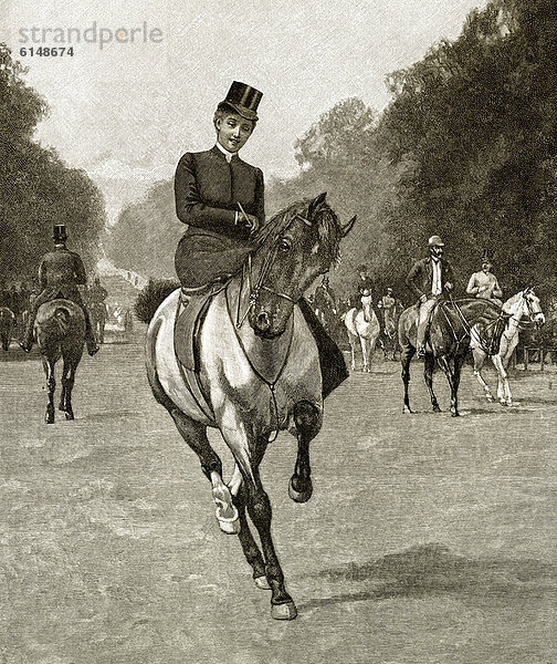 Historische Zeichnung aus England  19. Jahrhundert  eine junge Frau reitet im Damensattel auf einem Pferd in einem englischen Park  um 1881