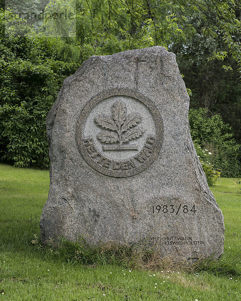 'Steinrelief ''Rette den Wald''  Eichenschößling  Waldsterben  Symbol der Aktionen in den 80ern  bedrohte Stieleiche  ehemaliges Regierungsviertel Bonn  Nordrhein-Westfalen  Deutschland  Europa  öffenticherGrund'