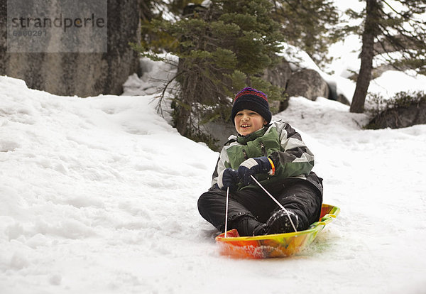 lächeln  Junge - Person  fahren  Hispanier  Schlitten  Schnee