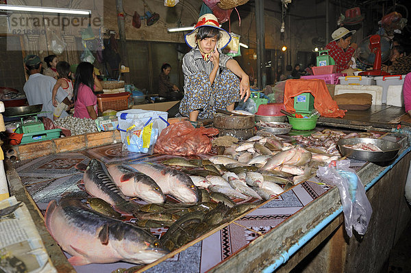 Fischverkäuferin hockt inmitten des zu verkaufenden Fisches auf dem Alten Markt in Siam Reap  Kambodscha  Südostasien  Asien