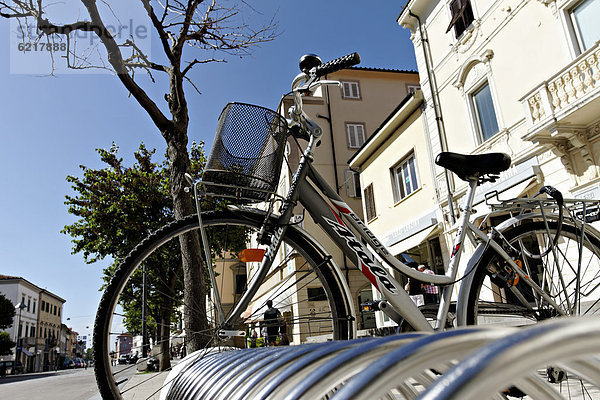 Damenfahrrad im Fahrradständer an der Hauptstraße  Cecina  Toskana  Italien  Europa