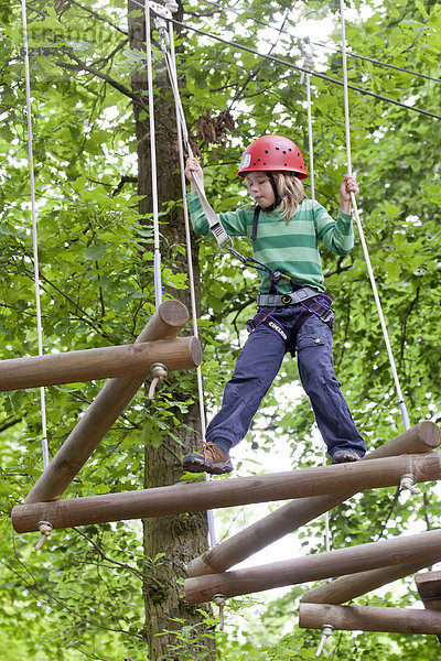 8-jähriges Mädchen klettert im Hochseilgarten in Straubing  Bayern  Deutschland  Europa