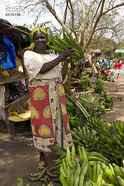Frau verkauft Kochbananen (Musa ssp) in Moshi  Kilimanjaro-Region  Tansania  Afrika