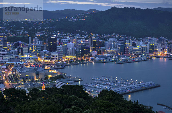 Stadtansicht  Hafen von Wellington in der Abenddämmerung  Neuseeland  Nordinsel