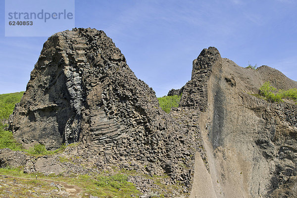 Reste von Vulkanschloten aus Basalt  HljÛ_aklettar  Jökuls·rglj_fur-Nationalpark  Island  Europa