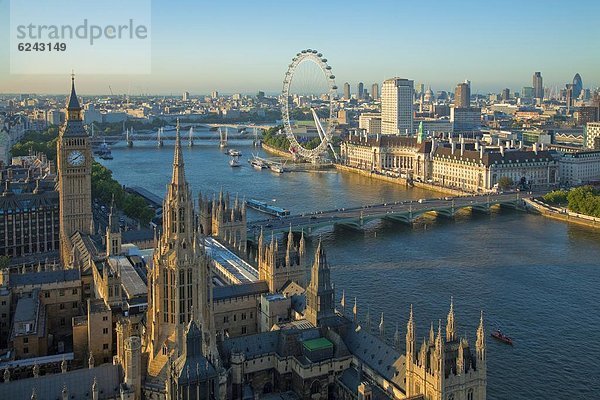 Palast von Westminster  Big Ben  Themse und London Eye  gesehen von Victoria Tower  London  England  Großbritannien  Europa