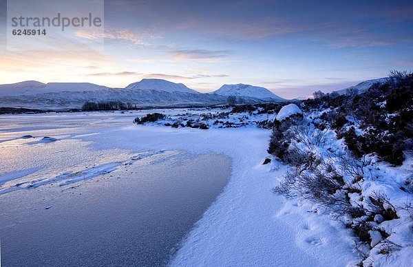 Europa  Schnee  bedecken  Großbritannien  Morgendämmerung  Highlands  Ansicht  See  gefroren  Moor  Schottland