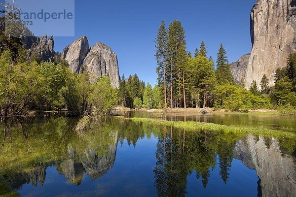 Vereinigte Staaten von Amerika  USA  Felsbrocken  Tal  fließen  Fluss  Kathedrale  Kirchturm  Nordamerika  Wiese  Flut  Yosemite Nationalpark  UNESCO-Welterbe  Megalith  El Capitan  Kalifornien  Granit  links  Merced  rechts