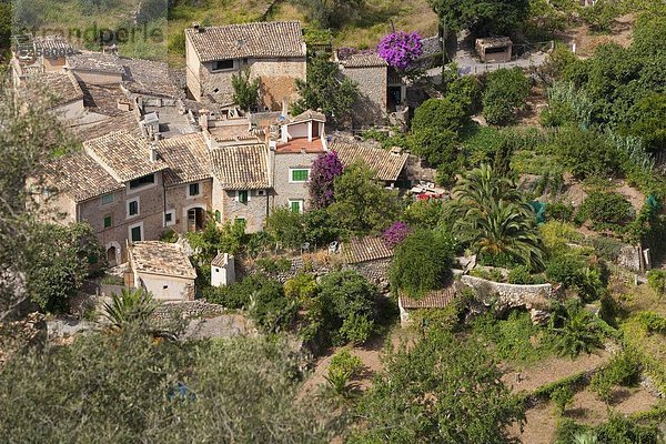Looking down on village houses  Deia  Majorca  Balearic Islands  Spain  Europe