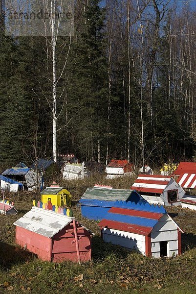 Athabaskan spirit houses in cemetery  Eklutna Historical Park  Eklutna  Alaska  United States of America  North America