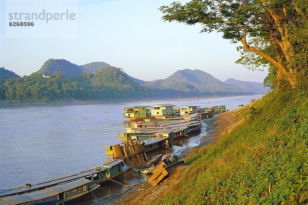 Looking North Up Mekong River  Boats Moored At Luang Prabang  Northern Laos