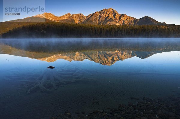 Kälte  Morgen  Beleuchtung  Licht  See  blau  Nordamerika  Rocky Mountains  Jasper Nationalpark  UNESCO-Welterbe  Alberta  Kanada