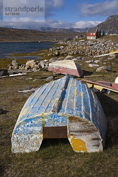 Houses and boats in 0nortalik  Island of Qoornoq  Province of Kitaa  Southern Greenland  Kingdom of Denmark  Polar Regions