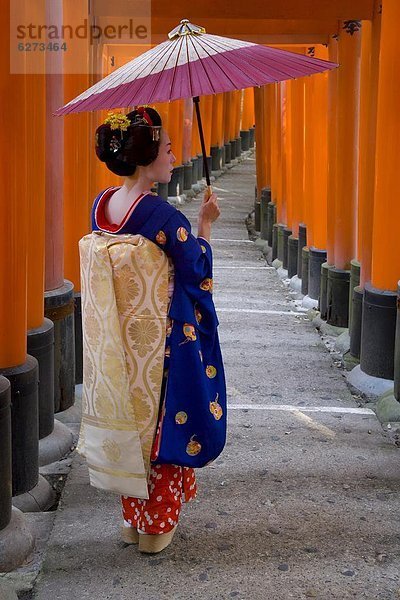 Portrait Regenschirm Schirm halten Eingang rot Menschenreihe Geisha Schrein