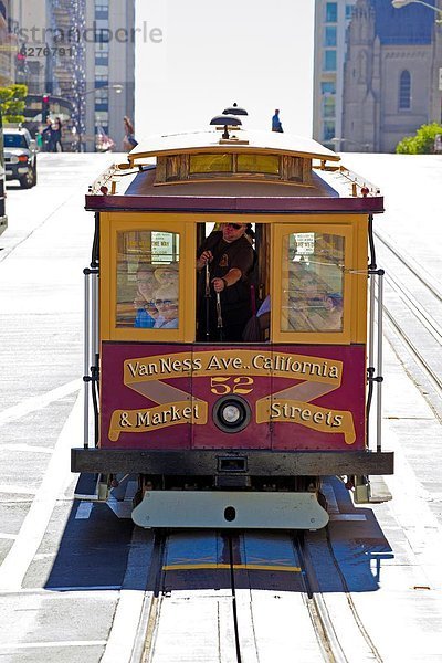 Cable car crossing California Street  San Francisco  California  United States of America  North America