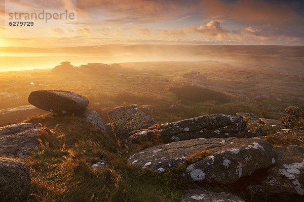 Europa  sehen  Großbritannien  über  Sonnenaufgang  Dunst  Devon  England  Moor