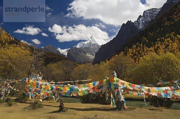 Gebetsfahnen und Xiaruoduojio Berg  Yading-Naturschutzgebiet  Provinz Sichuan  China  Asien