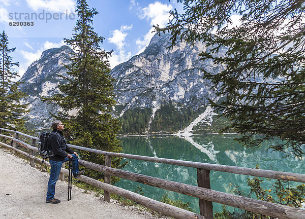 56jähriger Wanderer genießt die Aussicht am Pragser Wildsee  Lago di Braies  Pragser Tal  Prags  Dolomiten  Südtirol  Alto Adige  Italien  Europa