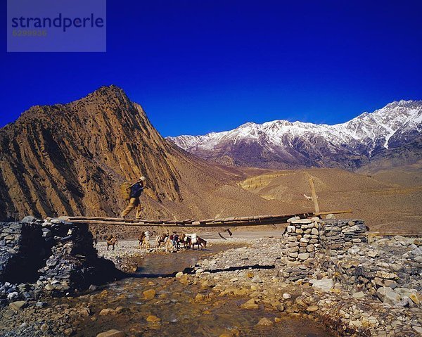 überqueren  Mann  Tal  Brücke  Fluss  Strömung  Nepal