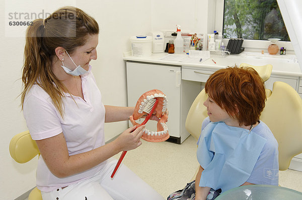 Junge beim Zahnarzt  Anleitung zur Zahnpflege an einem Modell  Zahnhygiene  Zahnvorsorge  Zahnarztbesuch