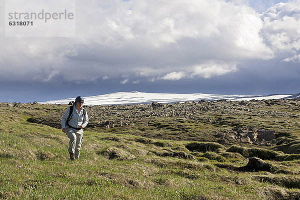 Frau wandert durch Wiese  hinten der Gletscher Ok  H_safell  Island  Europa