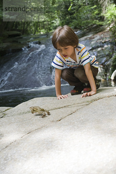 Junge hockt auf Felsen und schaut auf Froschsprung