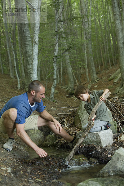 Vater und Sohn spielen im Wald