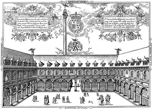 Historische Zeichnung  der Innenhof der Börse im Jahr 1569  London  England  Vereinigtes Königreich