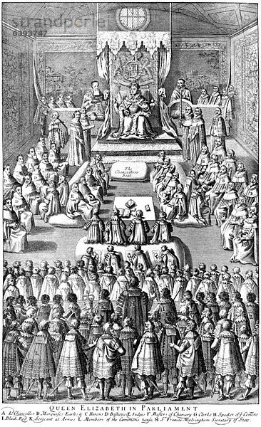 Historische Zeichnung  das englische Parlament unter Elisabeth I.  1533 - 1603  von 1558 bis 1603 Königin von England aus der Tudor-Dynastie  16. Jahrhundert