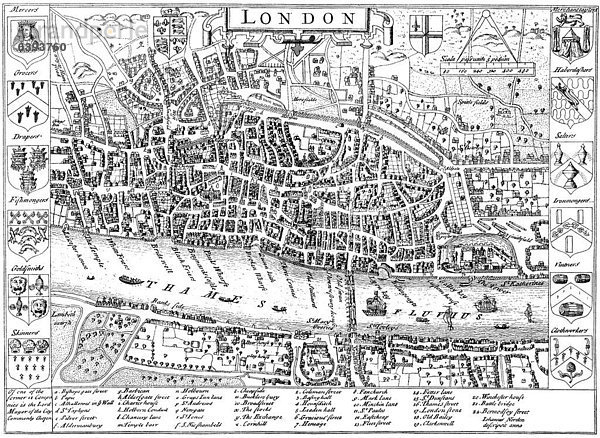 Historische Zeichnung  Stadtplan von London  England  Vereinigtes Königreich um 1600