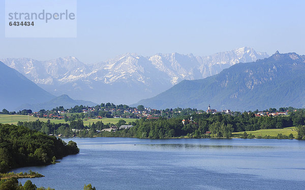 Blick von der Aidlinger Höhe auf Riegsee und Alpenkette  Blaues Land  Pfaffenwinkel  Oberbayern  Bayern  Deutschland  Europa