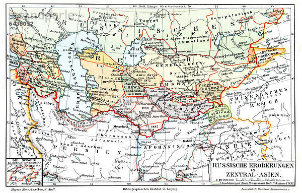 Karte Russische Eroberungen in Zentralasien  historische Abbildung  Meyers Konversationslexikon  1897