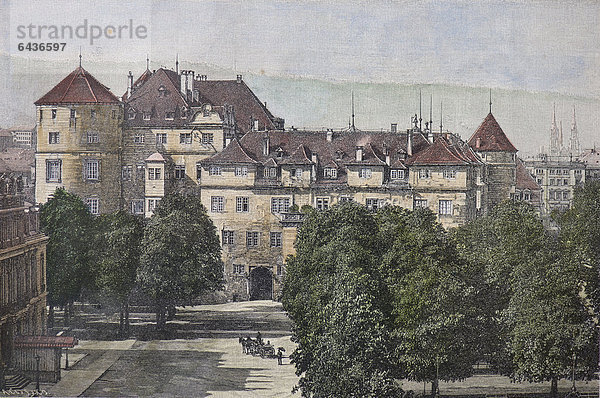 Altes Schloss  Karlsplatz  Stuttgart  Baden-Württembertg  Deutschland  historische Illustration  handkoloriert  um 1860