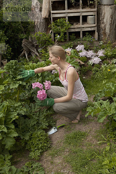 Eine Frau  die in ihrem Garten gärtnerisch tätig ist  mit einem hohen Blickwinkel.