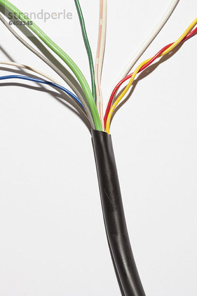 Ein Kabel mit verschiedenfarbigen  freiliegenden Drähten  die sich von ihm ausbreiten.